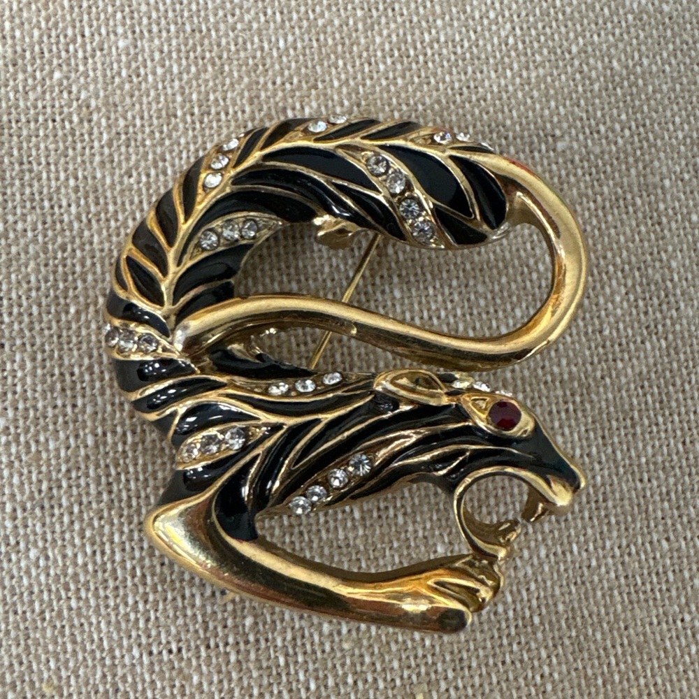 Gold & Black Panther Brooch with Crystal Accents - Women Jewelry